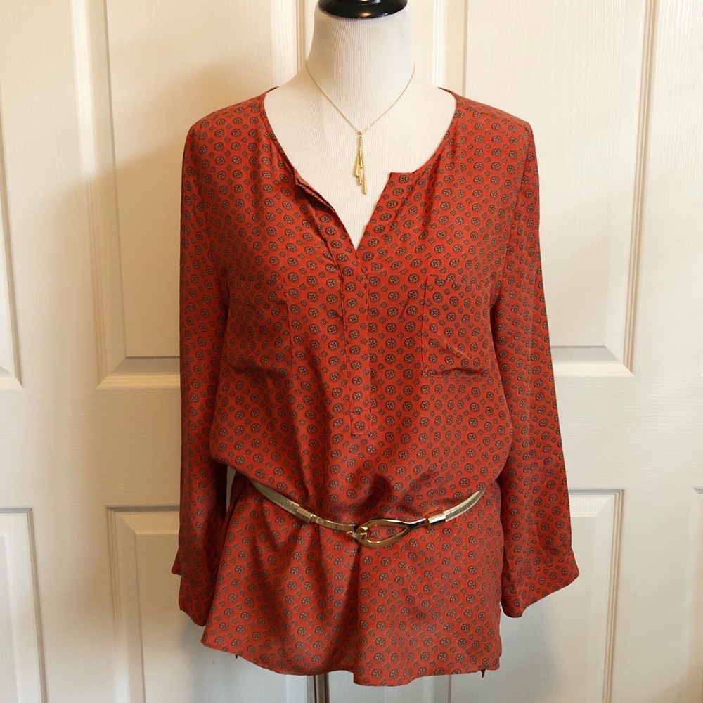 Joie Silk Print Orange Red Tunic Blouse